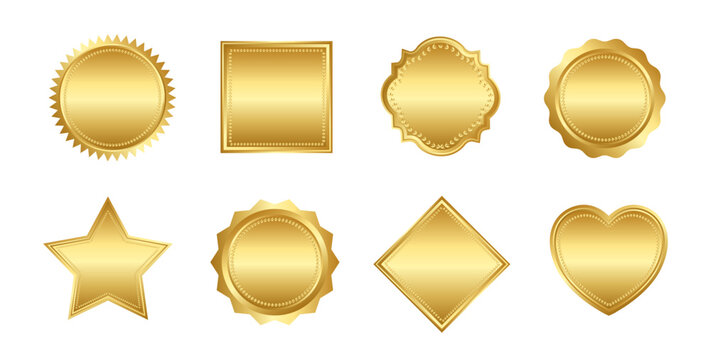 Luxury gold emblem set with elegant badge templates in various shapes. Premium metallic vector collection.
