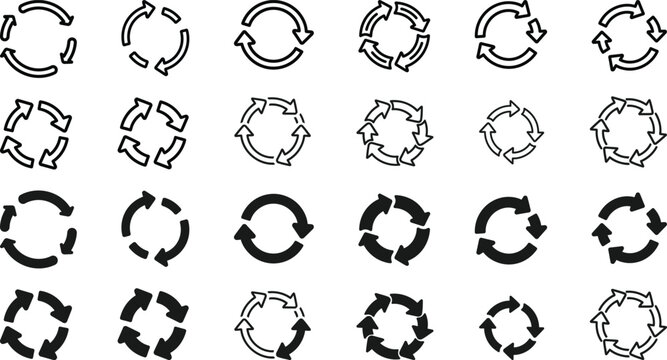 Collection of black circular arrow icons on a white background for process workflows