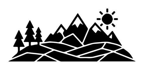 Stylized mountain landscape with pine trees and sun a minimalist vector illustration for nature and travel themes © Irhama Iqbal 