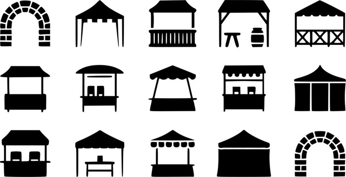 Black and white vector silhouette icons set of outdoor market stalls street food booths event tents trade kiosks and stone arch gateways for festivals and fairs
