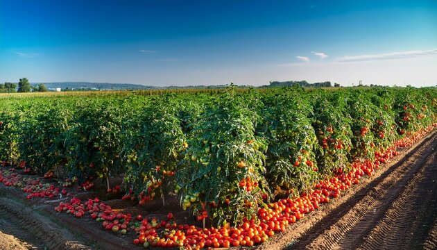 tomato growing farming and harvest visualized in a field where rows of tomato plants are being carefully tended with ripe tomatoes ready to be picked