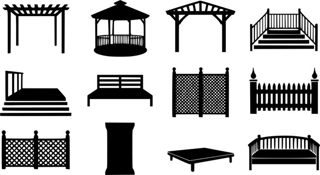 Black and white vector silhouette icons set of backyard garden wooden structures elements and patio furniture including pergola gazebo stairs bench deck lattice panel and picket fence