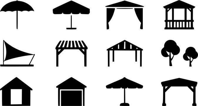 Black and white vector silhouette icons set of outdoor shade structures and backyard buildings including patio umbrellas gazebos pergolas tents sun sails and garden sheds