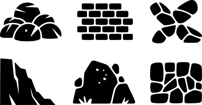 Black and white vector silhouette icons set of various stone and rock materials including brick wall cobblestone pavement boulders gravel pile and cliff textures for graphic design