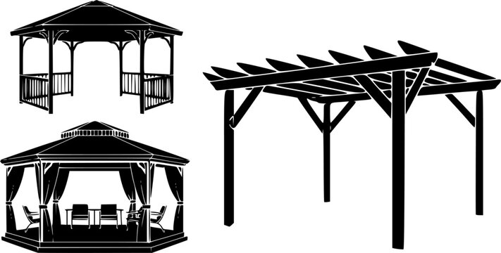 Black and white vector silhouette set of backyard wooden structures including outdoor garden pergolas pavilions and a patio gazebo with curtains and chairs for landscaping