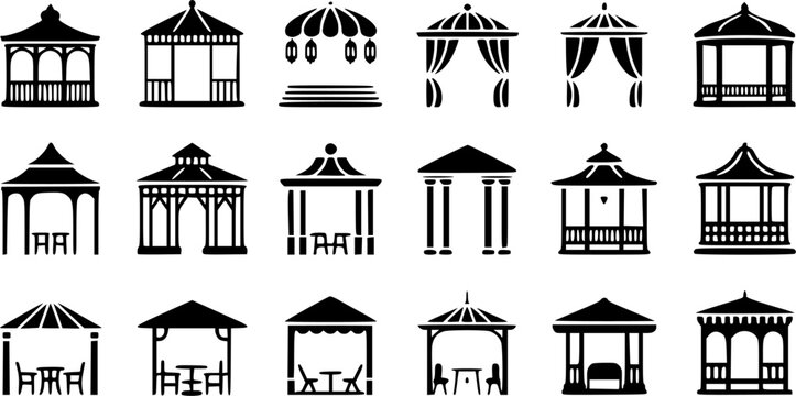 Black and white vector icons set of traditional and modern garden gazebos pavilions pergolas and wedding altars with curtains tables and chairs for outdoor patio design