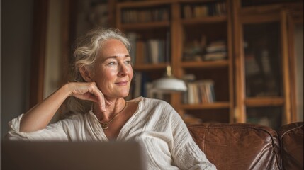 Obraz premium Thoughtful elderly woman reading in cozy home library with wooden bookshelves