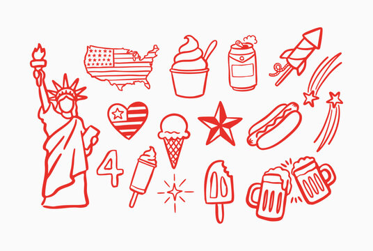 Hand drawn 4th of July, Independence Day icon collection with statue of liberty, us map, firework, star, beer mugs, rocket and hot dog vector illustration
