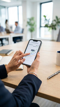 Person analyzing financial growth chart on smartphone in office