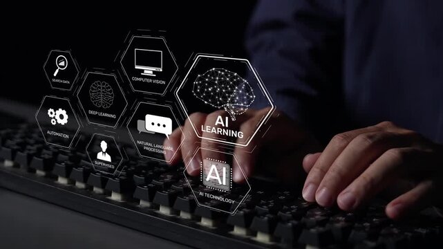 AI learning system involves deep learning, supervised machine learning, and natural language processing. AI learning diagram shows how AI advances learn in automation and data processing. Muxer