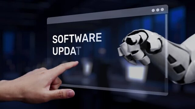 A close-up view of a hand interacting with a digital screen displaying a software update process, featuring a robotic arm and gear graphics representing modern technology. Synapse