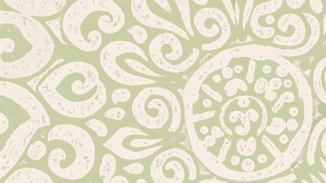 Floral ornament vector pattern with swirling shapes and a muted green color palette