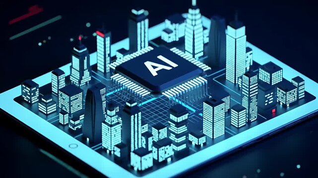 Artificial intelligence chip on motherboard with isometric city buildings.