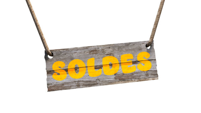 Pancarte en bois brut avec le texte SOLDES peint en jaune dessus