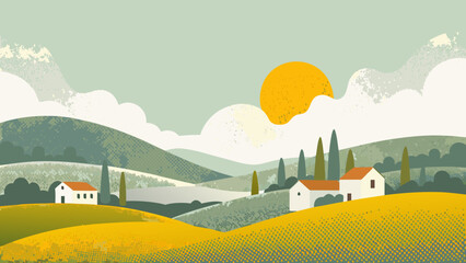 Rolling hills landscape illustration with houses sun and stylized clouds in muted tones © Chapala