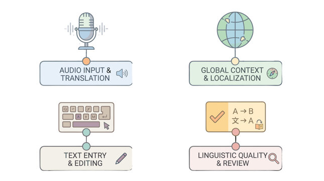 Translation and localization workflow icon set in flat vector style