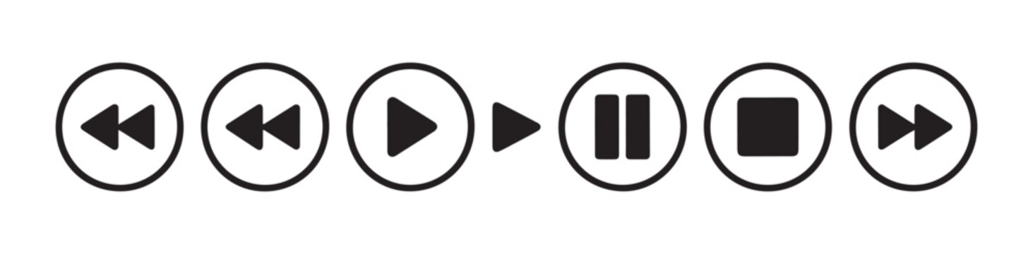 Multimedia control interface buttons with playback navigation and direction arrows on transparent background.
