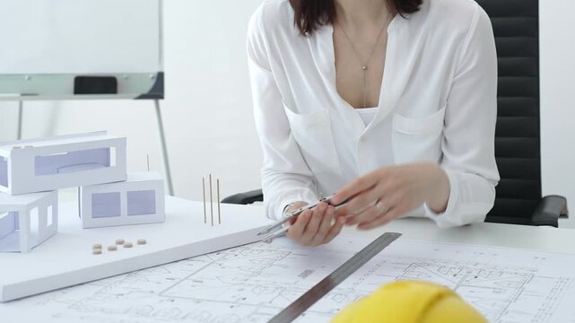 Architect hands working on building blueprint, analyzing design with scale model structures, developing urban planning and innovative construction project ideas