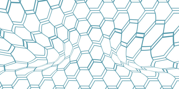 White 3d hexagonal technology vector abstract background. Blue bright energy flashes under hexagon in modern technology futuristic background vector illustration. White honeycomb texture grid.
