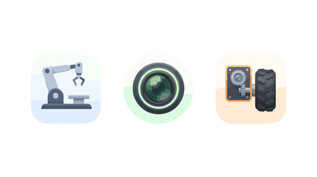 Robotics and machine vision app icons in soft 3D style