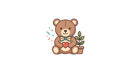 Fototapeta premium Cute Teddy Bear Holding Heart with Plant and Confetti, Kawaii Style