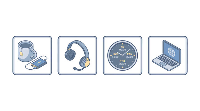 Remote work icon set with coffee, headset, clock and laptop