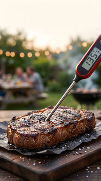 Meat thermometer checking steak doneness with juicy grilled beef texture