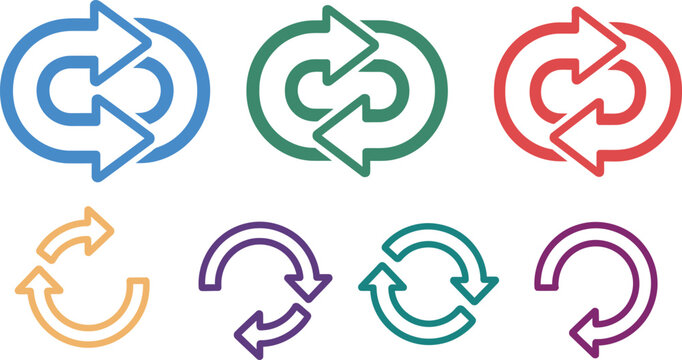 Colorful circular arrows set with different hues on a white background