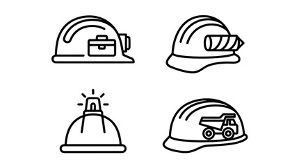 Fototapeta premium Outline safety helmet icons with mining and construction symbols