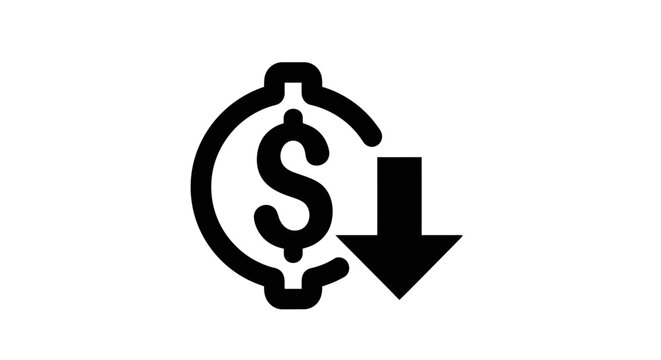 Dollar Coin Icon With Down Arrow - Decreasing Value, Cost Reduction