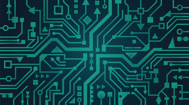 Teal Circuit Board Pattern, Abstract Electronic PCB Design, Futuristic Tech Vector, Symmetrical Microchip Art, Digital Technology Background, Modern Hardware Layout
