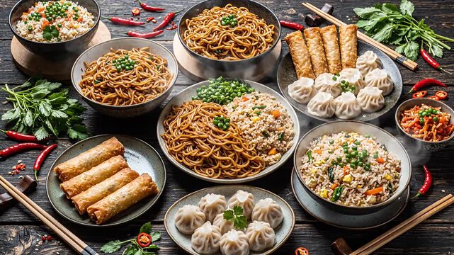 Assorted Asian noodles dumplings and appetizers on dark wood.