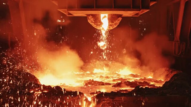Molten metal pouring, industrial furnace, fiery sparks, smelting process, foundry production