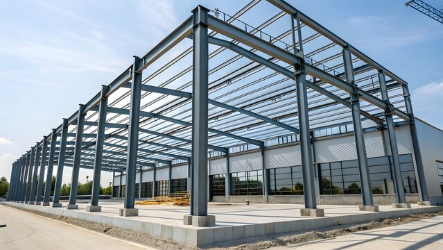 Steel frame structure of a modern industrial building under construction