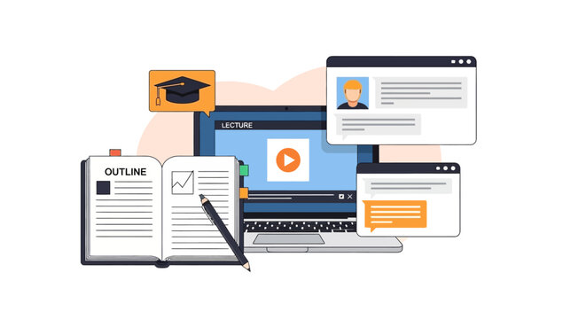 Online Education and E-learning Concept Illustration Featuring Laptop for Video Lectures, Open Textbook, and Student Chat Interface for Remote Study