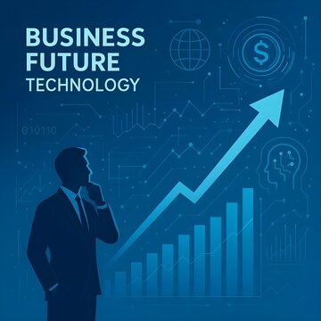 Business Future Technology Concept Illustration with Businessman Silhouette Thinking Next to Rising Financial Growth Arrow Chart and Artificial Intelligence Icon
