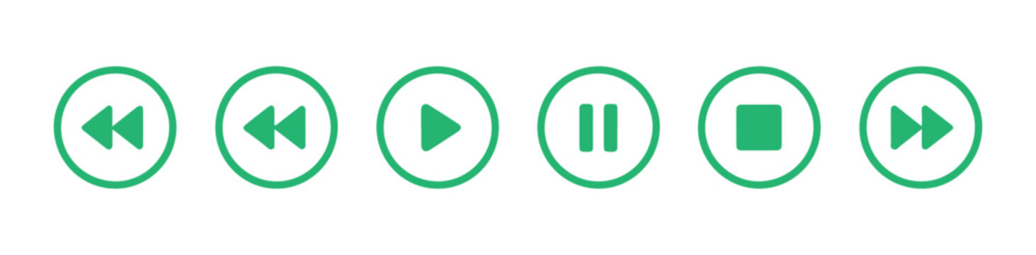 Green circular playback control buttons set for media player interface design flat vector graphic.