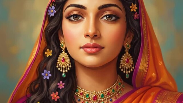 Vibrant Indian Woman in Traditional Attire with Embellished Jewelry and Floral Accents, Close-up Portrait