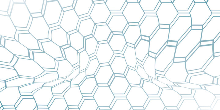 White 3d hexagonal technology vector abstract background. Blue bright energy flashes under hexagon in modern technology futuristic background vector illustration. White honeycomb texture grid.