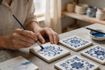 Fototapeta premium Hand Painting Blue Floral Patterns on White Ceramic Tiles with Brush