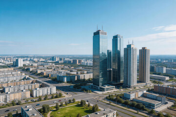 Obraz premium Aerial view of modern city intersection with high-rise offices and residential buildings under clear blue sky