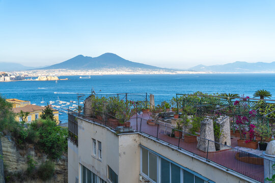 Rooftop terrace garden overlooking the Gulf of Naples and Mount Vesuvius in Italy