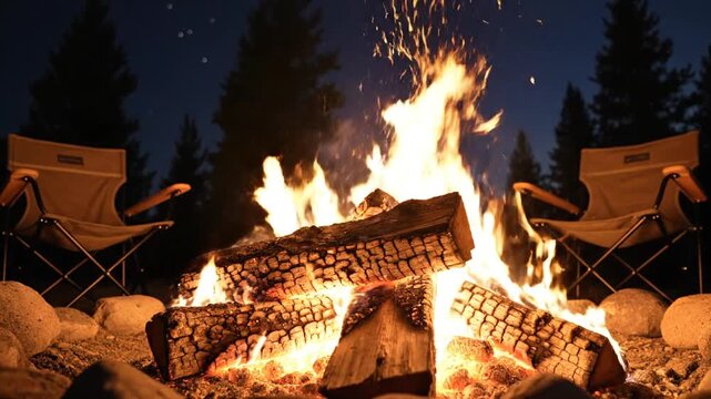 Campsite, campfire, night, forest, outdoor, recreation, leisure, fire, wood, burning, flames, chairs, relaxation, adventure
