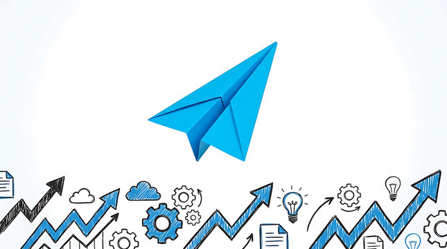 Blue Paper Airplane Flying Over Business Growth Success Concept Financial Chart Arrows And Gear Icons