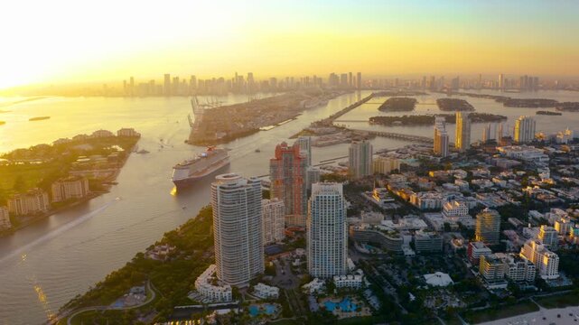 Miami Skyline and Cruise Liner Sailing Through Biscayne Bay