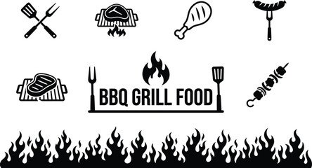 Fototapeta premium Bbq grill food icons set with steak, chicken leg, sausage and skewers