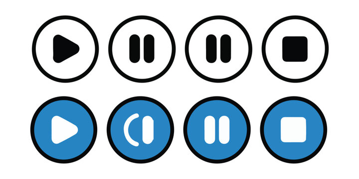 Black and blue circular play pause stop button icons isolated on a transparent grid background set.