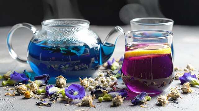 Blue butterfly pea flower tea in glass teapot and cup.