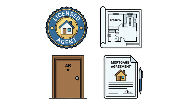 Real estate vector icons with agent badge floor plan door and contract