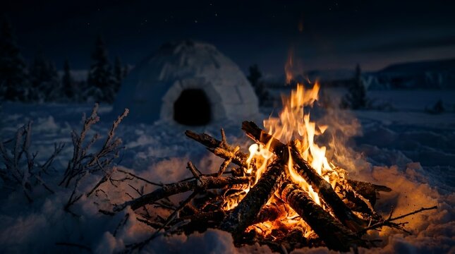 Warm campfire burning brightly in snowy landscape with igloo in background at night.